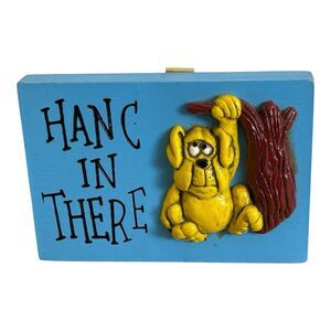 Vintage 1975 Wallace Berrie Hang In There Puppy Dog Wood Plaque Sign 70s MCM Blu